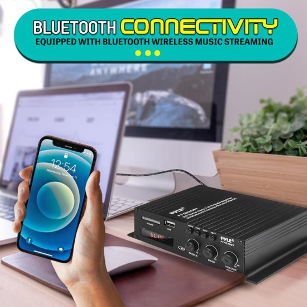 photo of Pyle, Compact Bluetooth Power Amplifier - Desktop Home Audio Amp with MP3/USB/SD Readers, USB Charging (120 Watt)