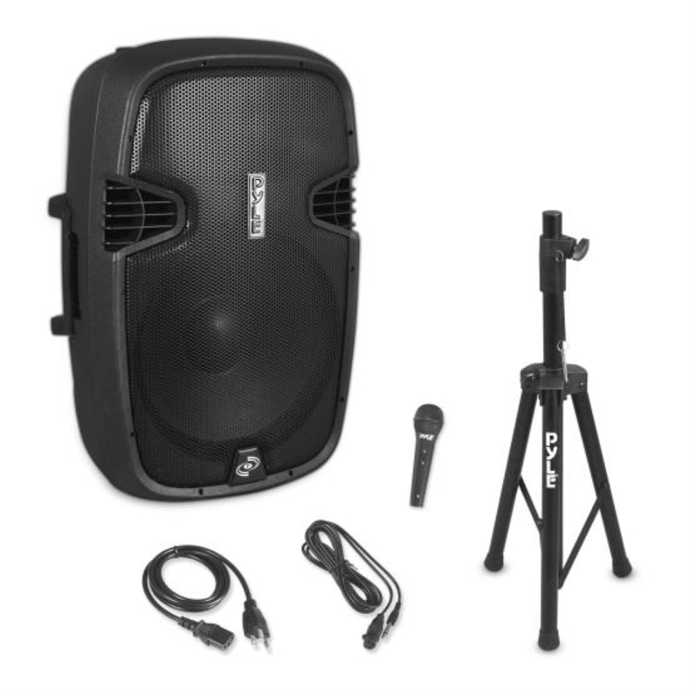 photo of Bluetooth Active-Powered Loudspeaker Cabinet Kit - Wireless Music Streaming PA Speaker System, FM Stereo Radio, USB/SD Readers, Includes Speaker Stand, Wired Microphone (15'' Subwoofer, 1500 Watt)